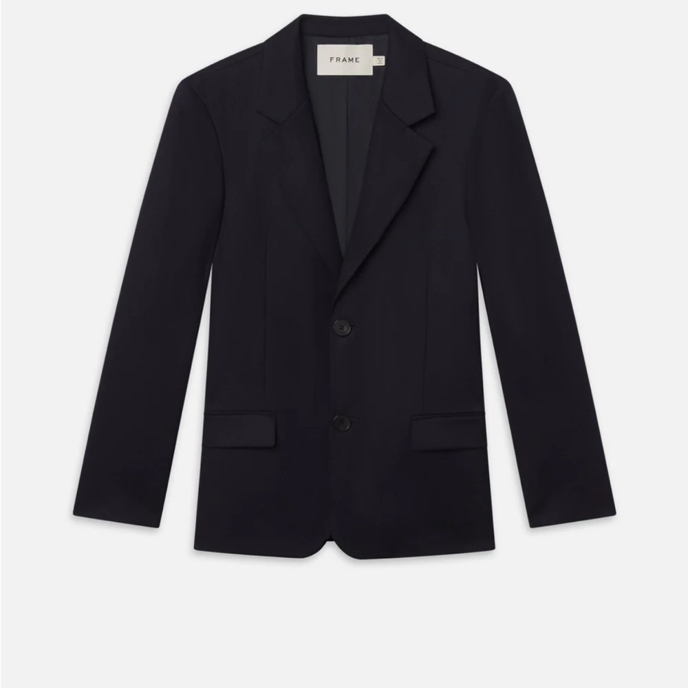 Frame Denim Dark Navy Wool Notch Lapel Button Closure Blazer Jacket Office Work